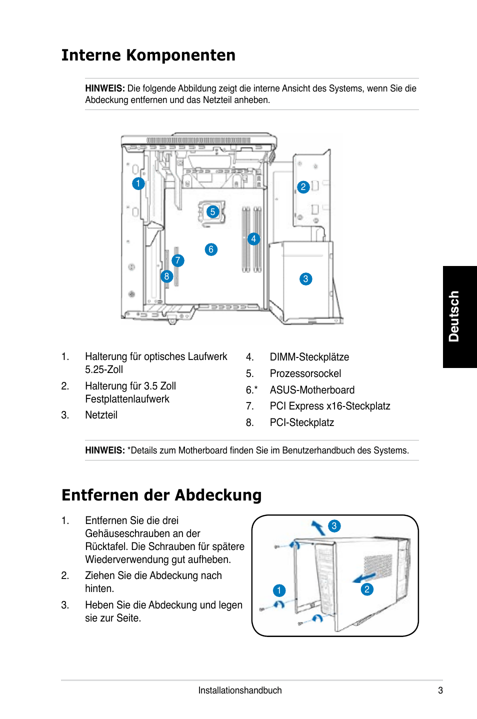 Interne komponenten, Entfernen der abdeckung, Deutsch | Asus T3-P5G965 User Manual | Page 19 / 80