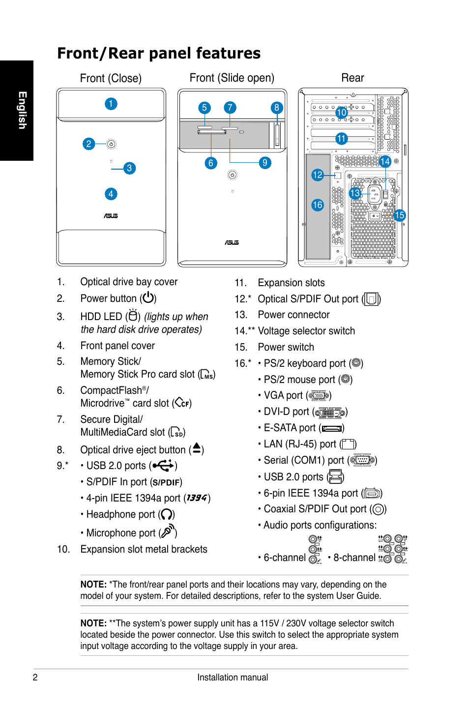 Front/rear panel features, Front (close), Front (slide open) | Rear | Asus T3-P5G965 User Manual | Page 2 / 80