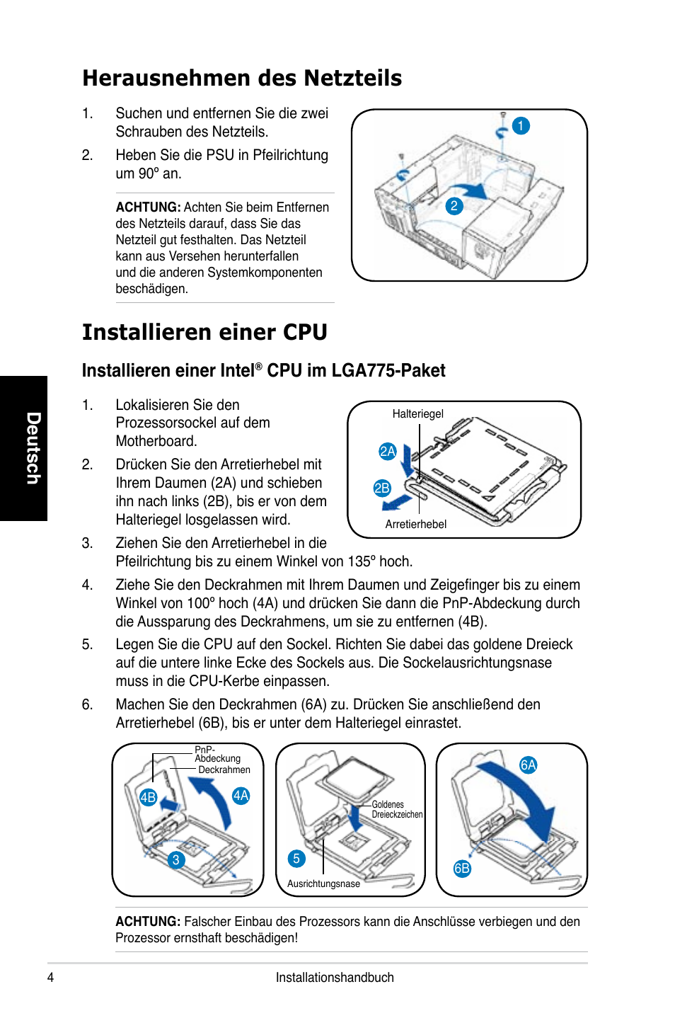 Herausnehmen des netzteils, Installieren einer cpu, Deutsch | Installieren einer intel, Cpu im lga775-paket | Asus T3-P5G965 User Manual | Page 20 / 80