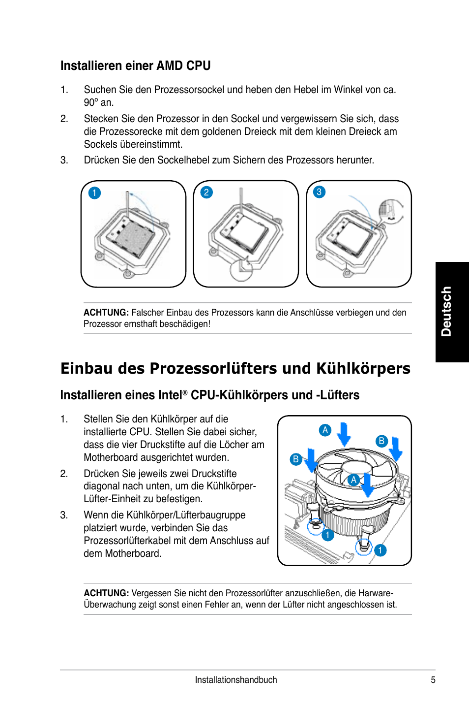 Einbau des prozessorlüfters und kühlkörpers, Deutsch installieren einer amd cpu, Installieren eines intel | Cpu-kühlkörpers und -lüfters | Asus T3-P5G965 User Manual | Page 21 / 80