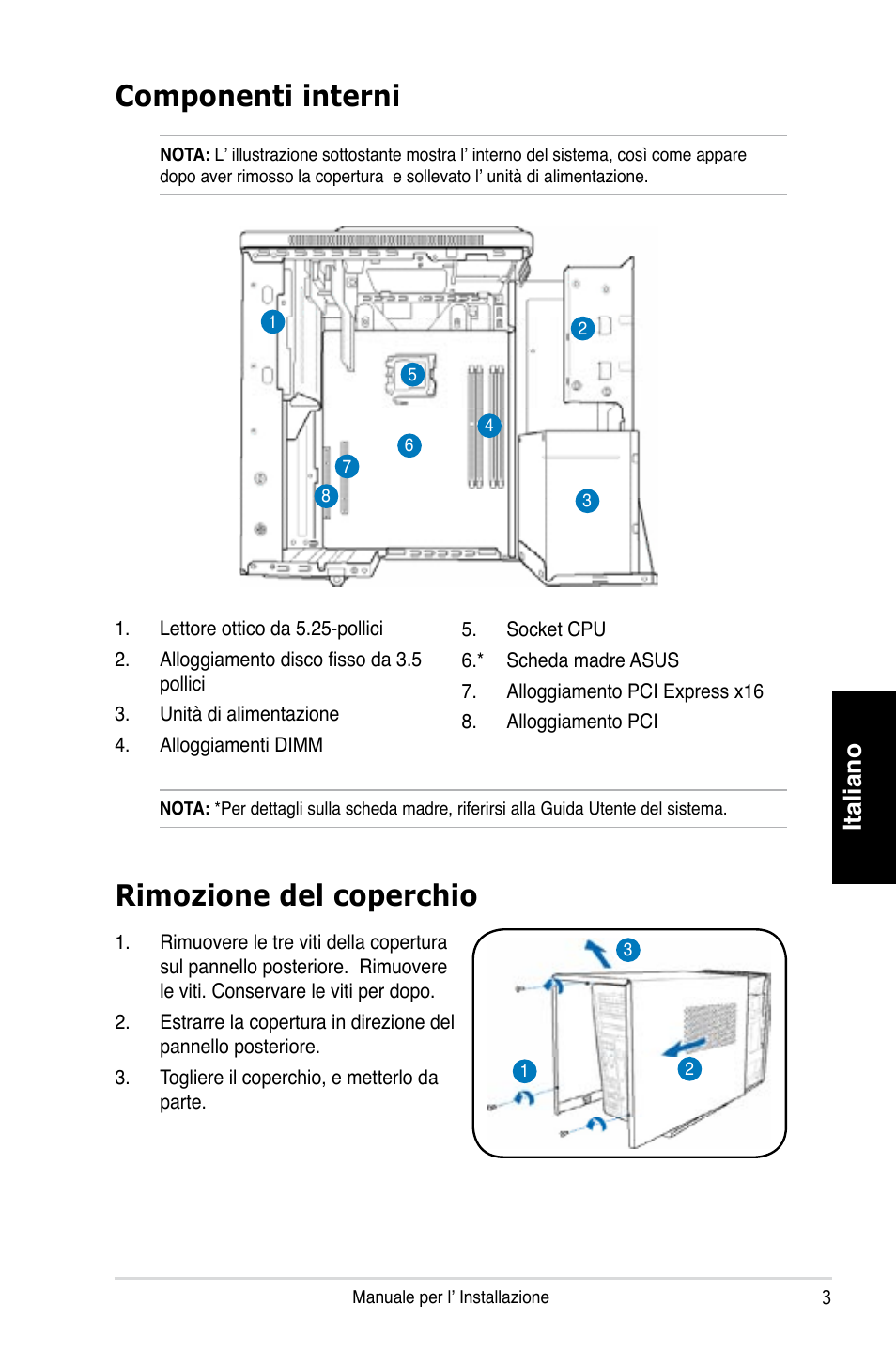 Componenti interni, Rimozione del coperchio, Italiano | Asus T3-P5G965 User Manual | Page 27 / 80