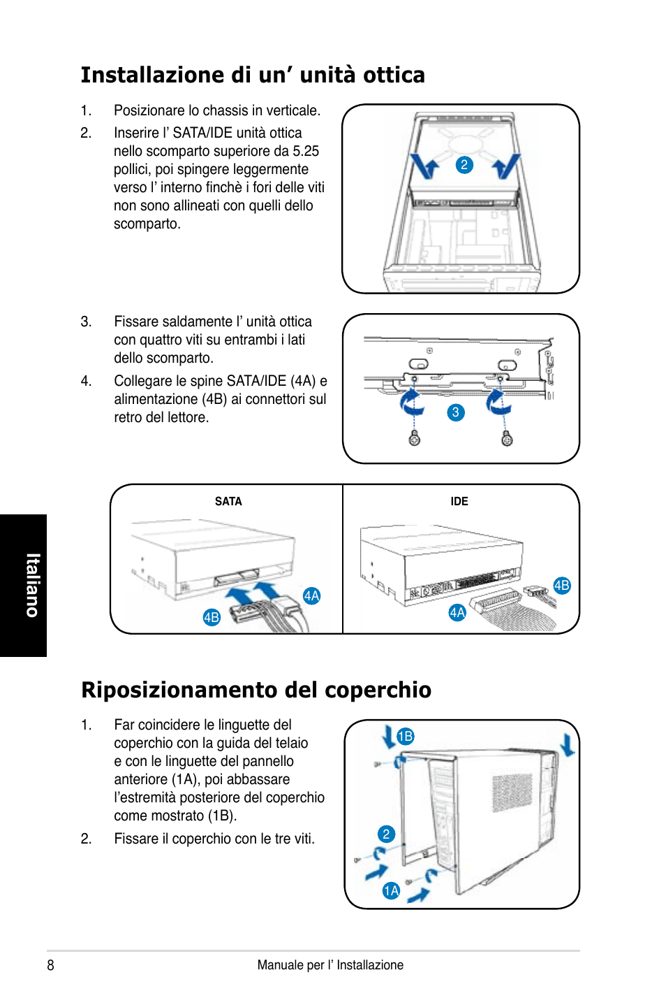 Installazione di un’ unità ottica, Riposizionamento del coperchio, Italiano | Asus T3-P5G965 User Manual | Page 32 / 80