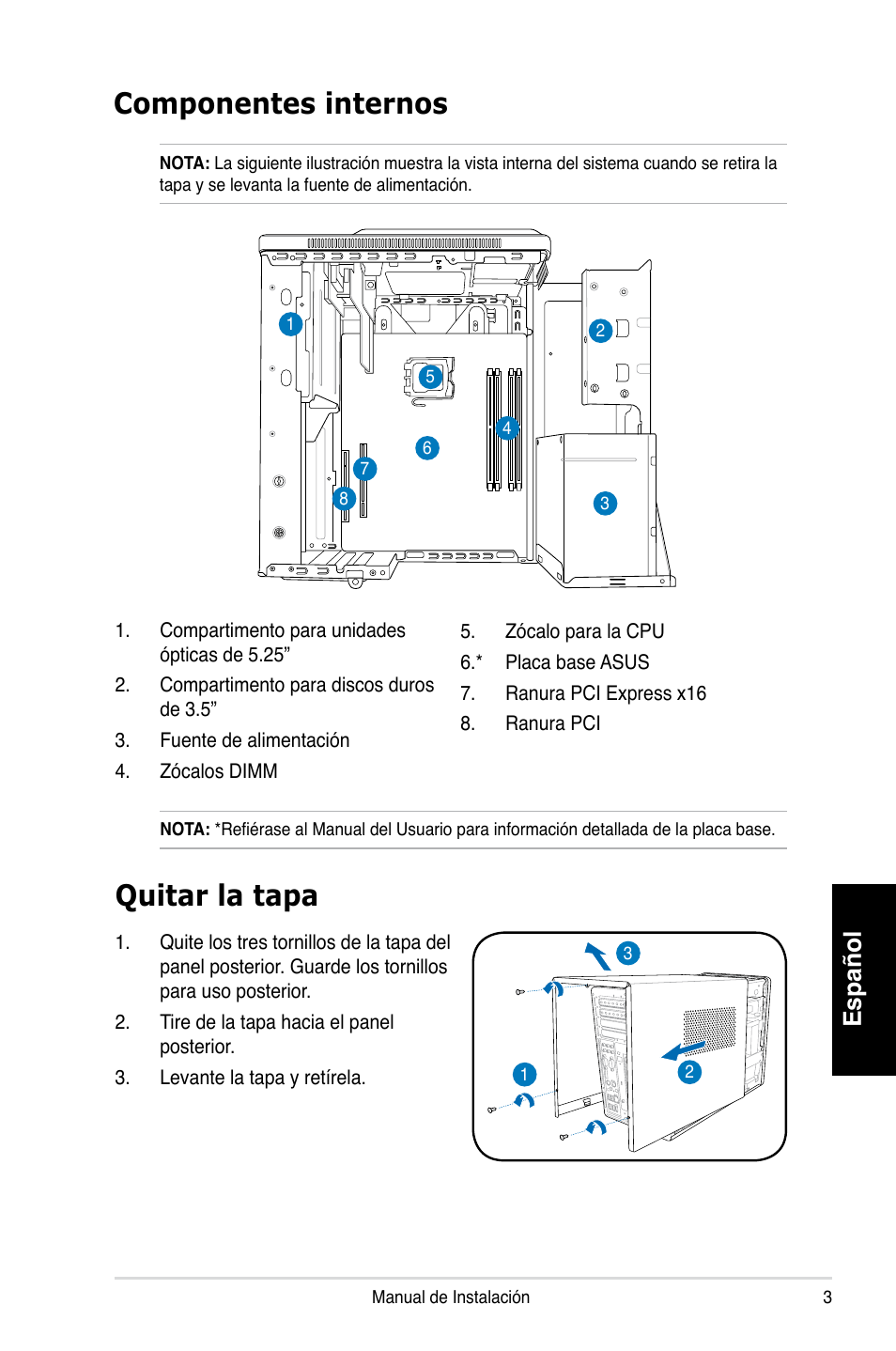 Componentes internos, Quitar la tapa, Español | Asus T3-P5G965 User Manual | Page 35 / 80