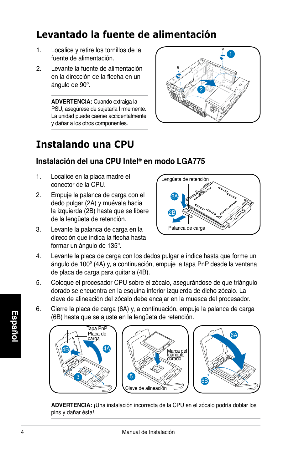 Levantado la fuente de alimentación, Instalando una cpu, Español | Instalación del una cpu intel, En modo lga775 | Asus T3-P5G965 User Manual | Page 36 / 80