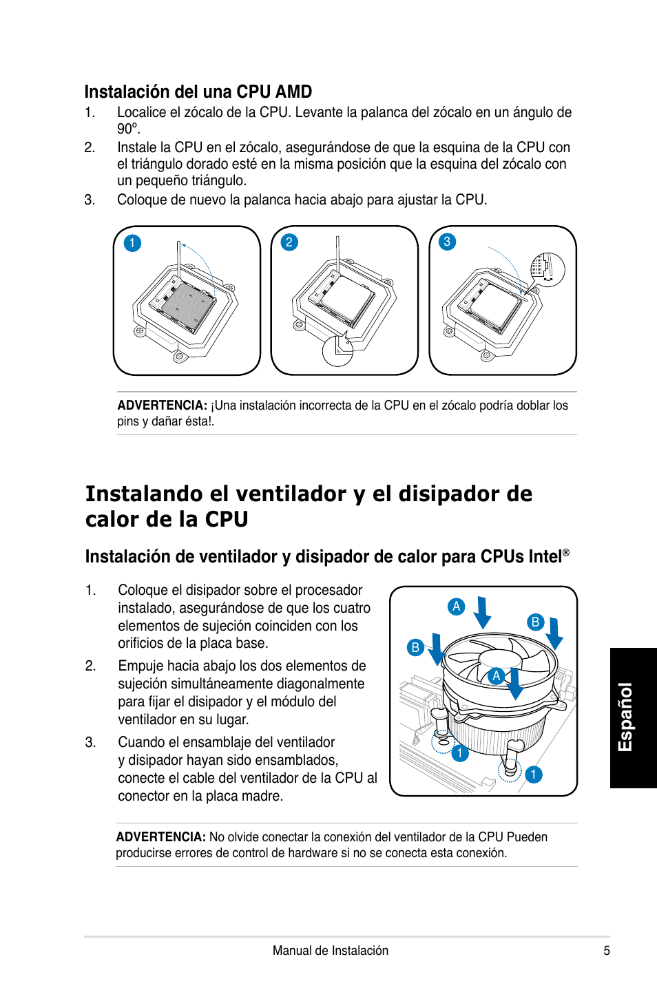 Español instalación del una cpu amd | Asus T3-P5G965 User Manual | Page 37 / 80