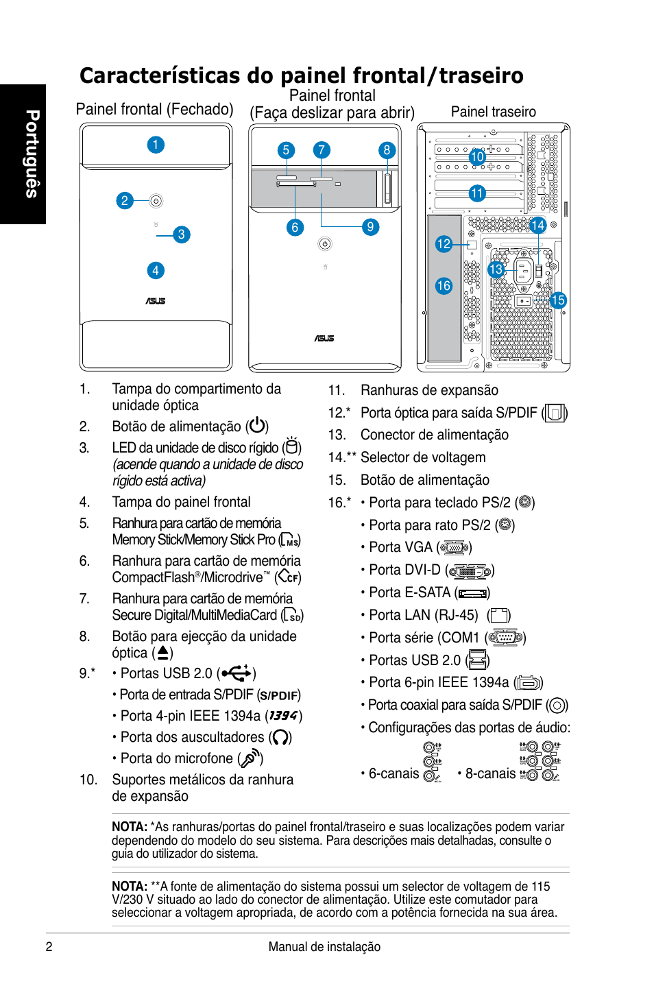 Características do painel frontal/traseiro, Português, Painel frontal (fechado) | Painel frontal (faça deslizar para abrir) | Asus T3-P5G965 User Manual | Page 50 / 80