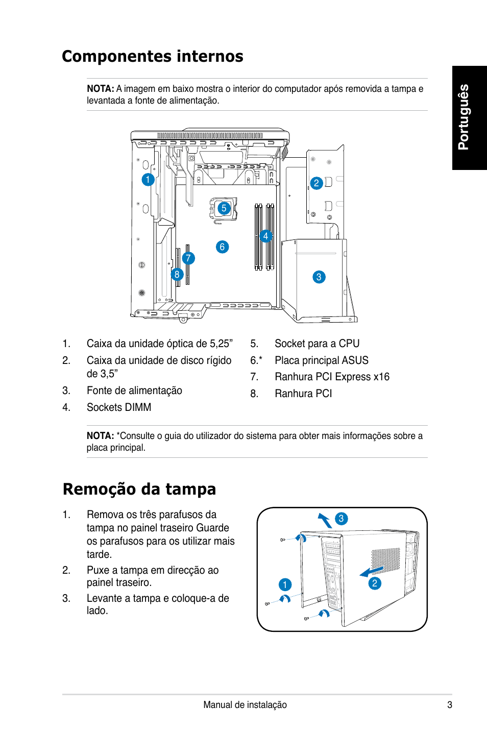 Componentes internos, Remoção da tampa, Português | Asus T3-P5G965 User Manual | Page 51 / 80