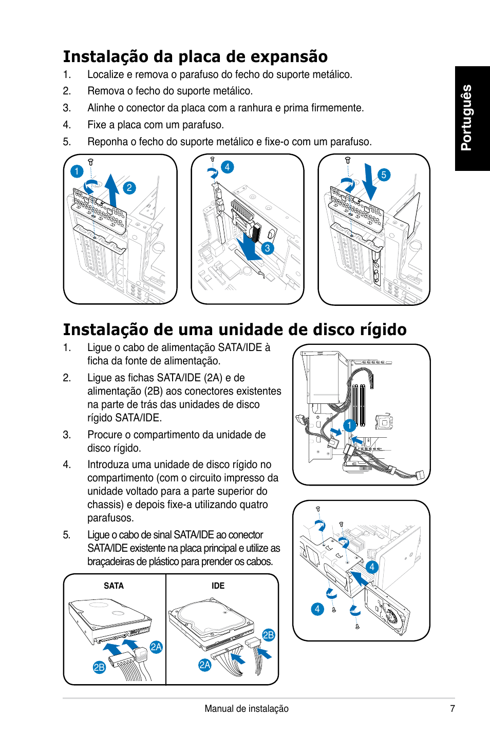 Instalação da placa de expansão, Instalação de uma unidade de disco rígido, Português | Asus T3-P5G965 User Manual | Page 55 / 80