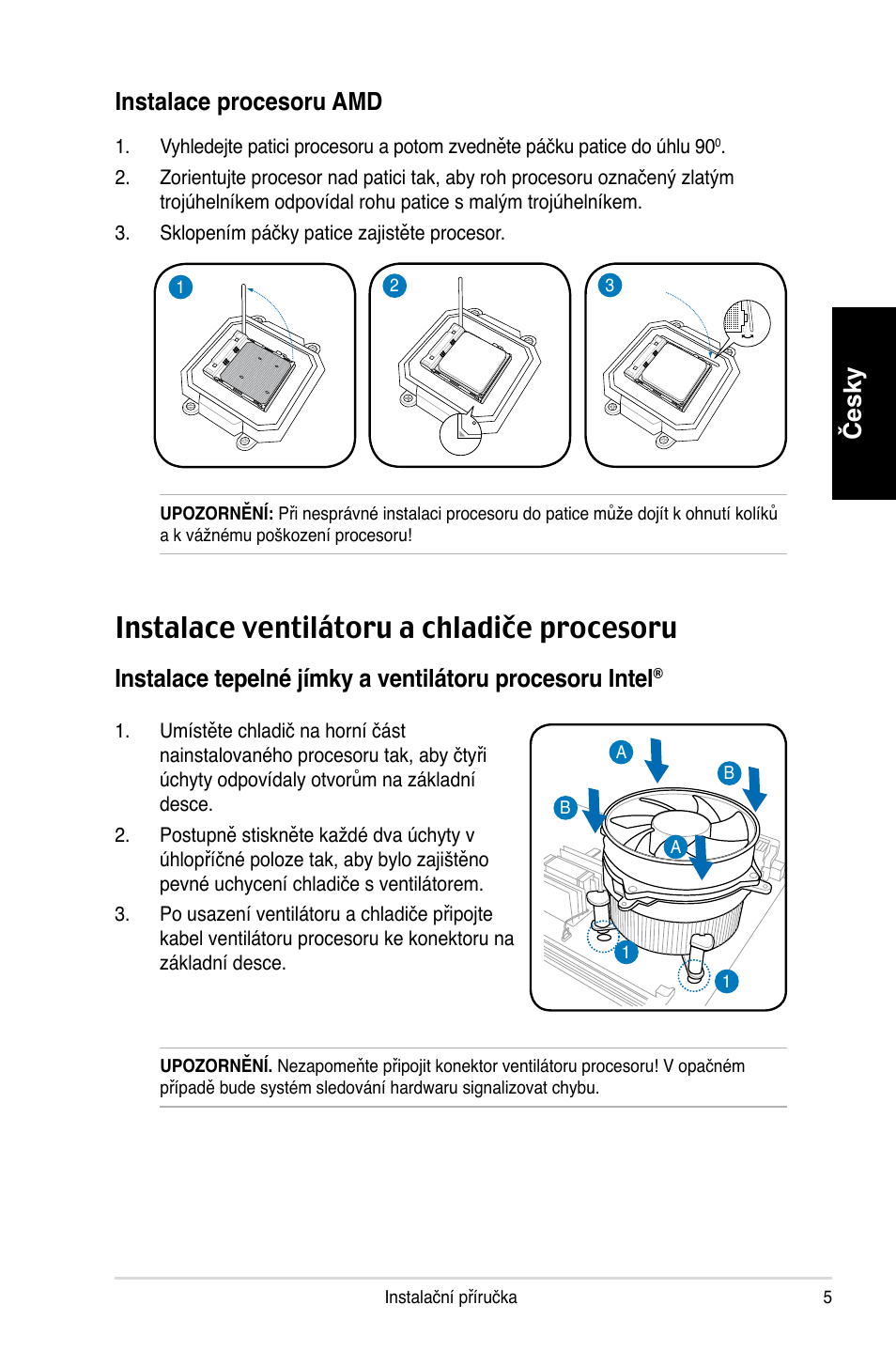 Instalace ventilátoru a chladiče procesoru, Česky instalace procesoru amd | Asus T3-P5G965 User Manual | Page 61 / 80