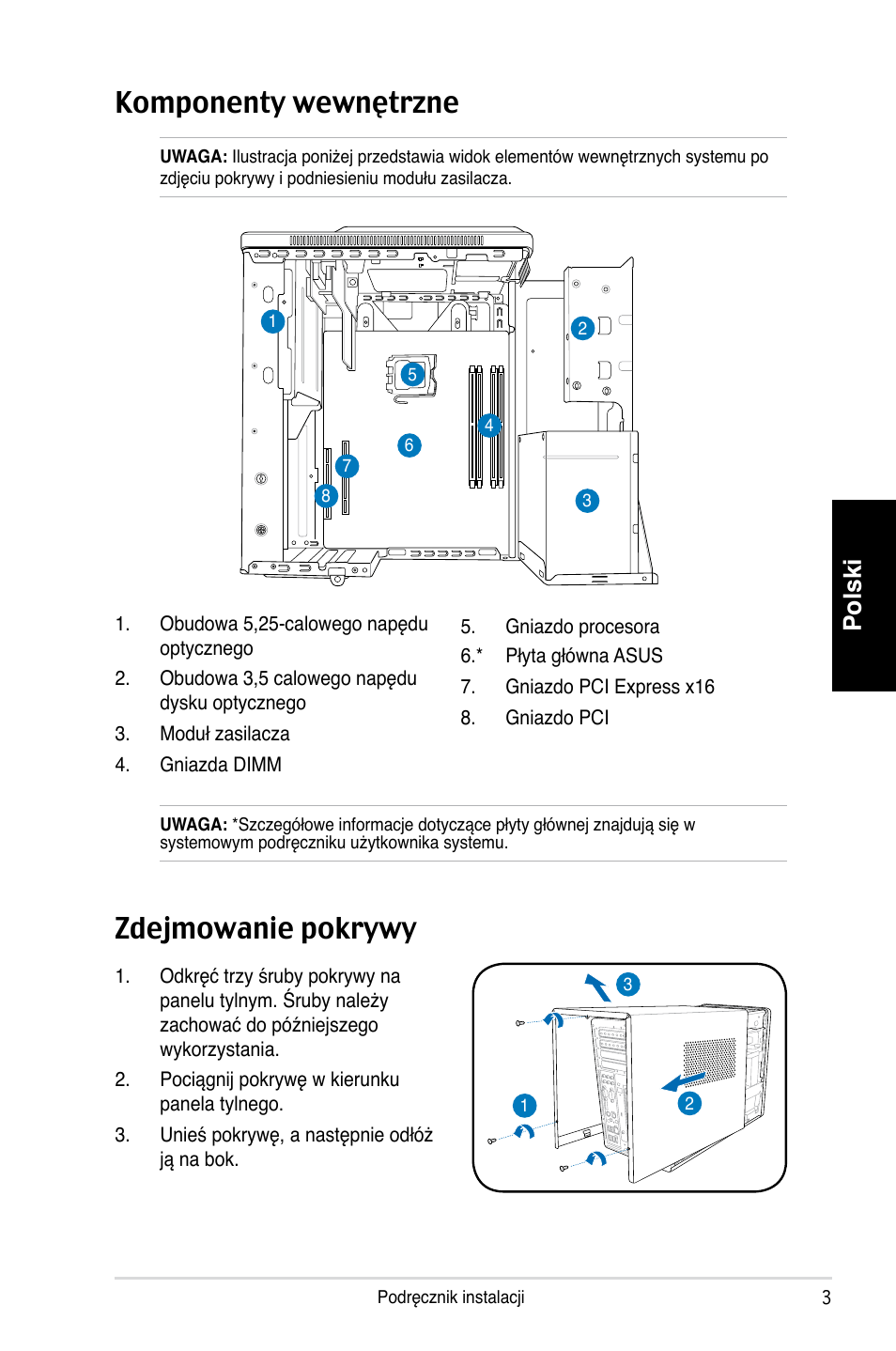 Komponenty wewnętrzne, Zdejmowanie pokrywy, Polski | Asus T3-P5G965 User Manual | Page 67 / 80