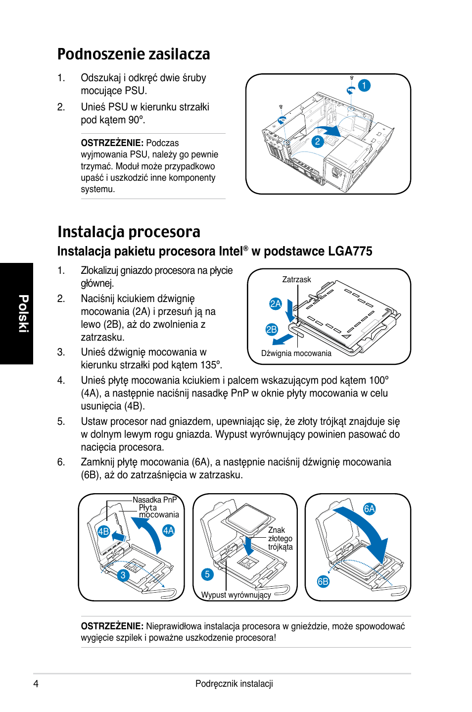 Podnoszenie zasilacza, Instalacja procesora, Polski | Instalacja pakietu procesora intel, W podstawce lga775 | Asus T3-P5G965 User Manual | Page 68 / 80