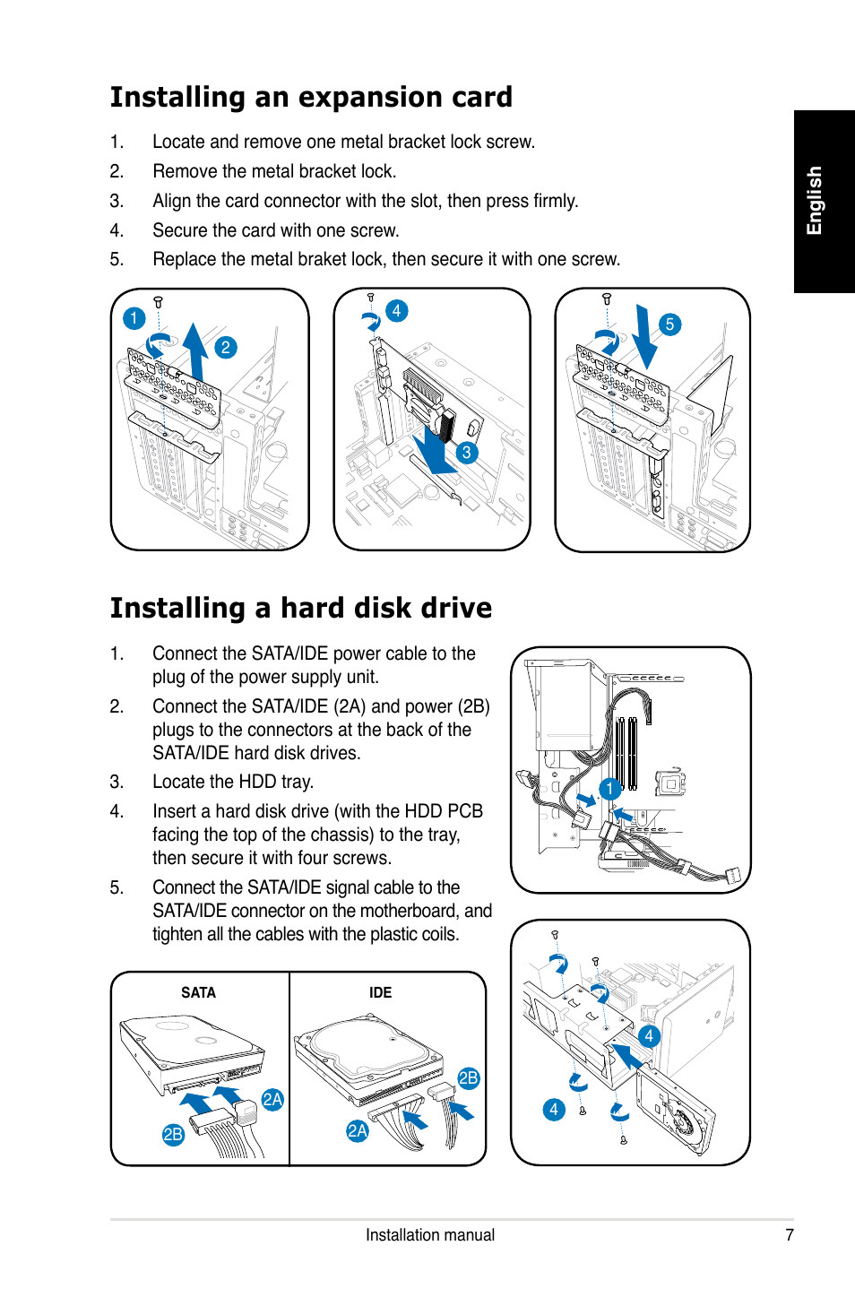 Installing an expansion card, Installing a hard disk drive | Asus T3-P5G965 User Manual | Page 7 / 80