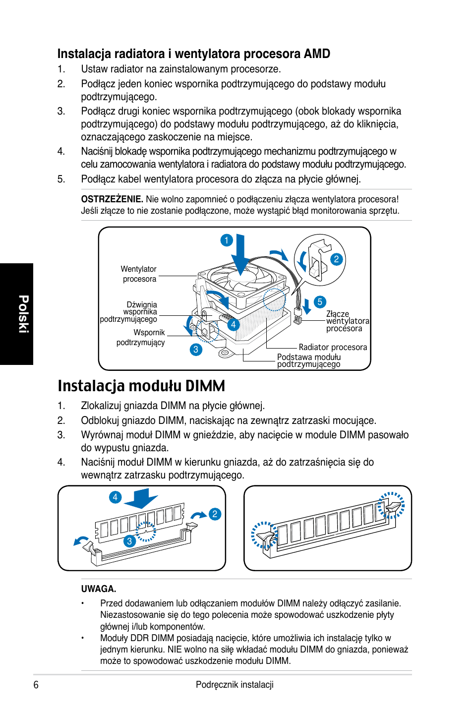 Instalacja modułu dimm, Polski, Instalacja radiatora i wentylatora procesora amd | Asus T3-P5G965 User Manual | Page 70 / 80