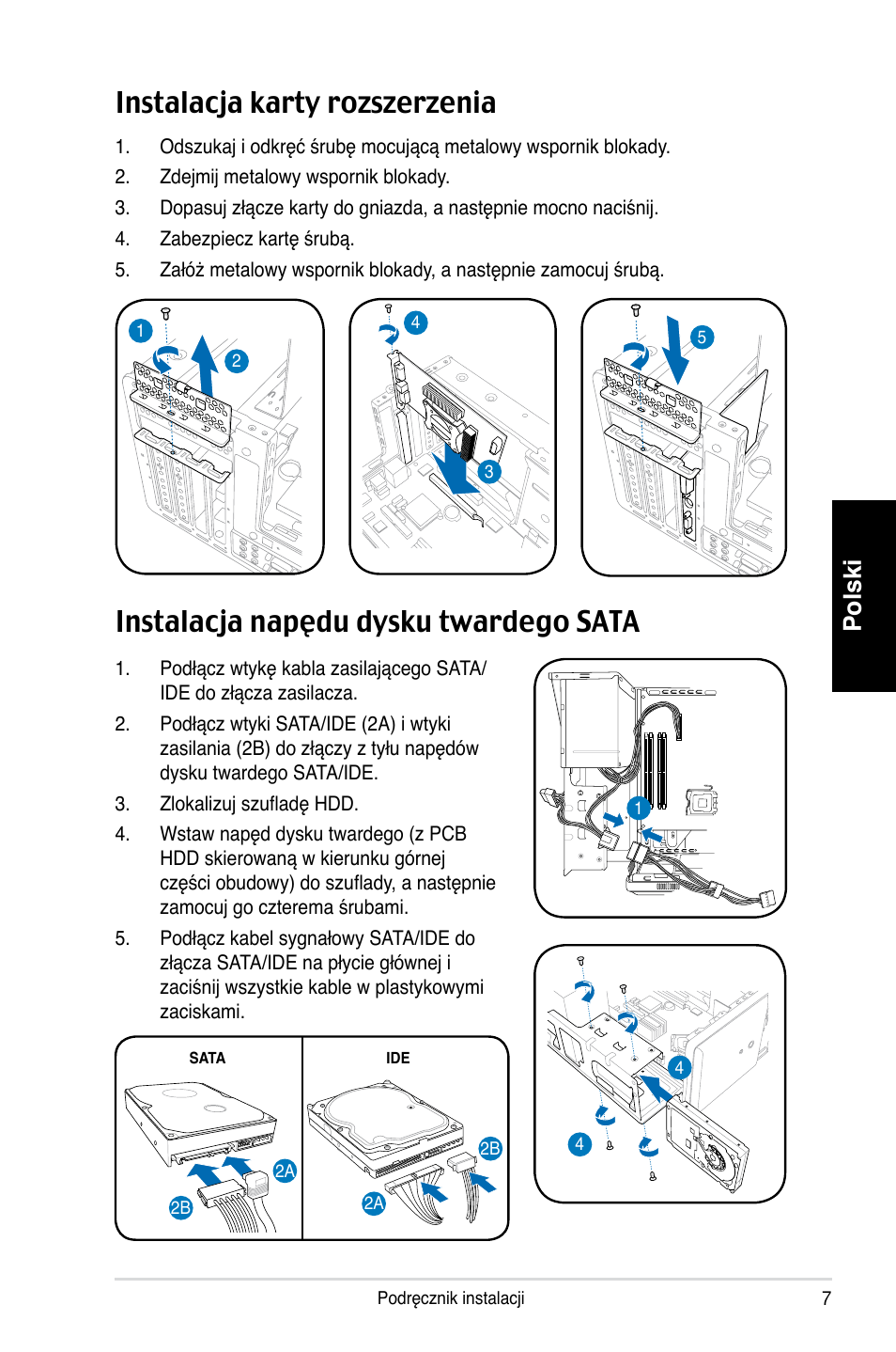 Instalacja karty rozszerzenia, Instalacja napędu dysku twardego sata, Polski | Asus T3-P5G965 User Manual | Page 71 / 80