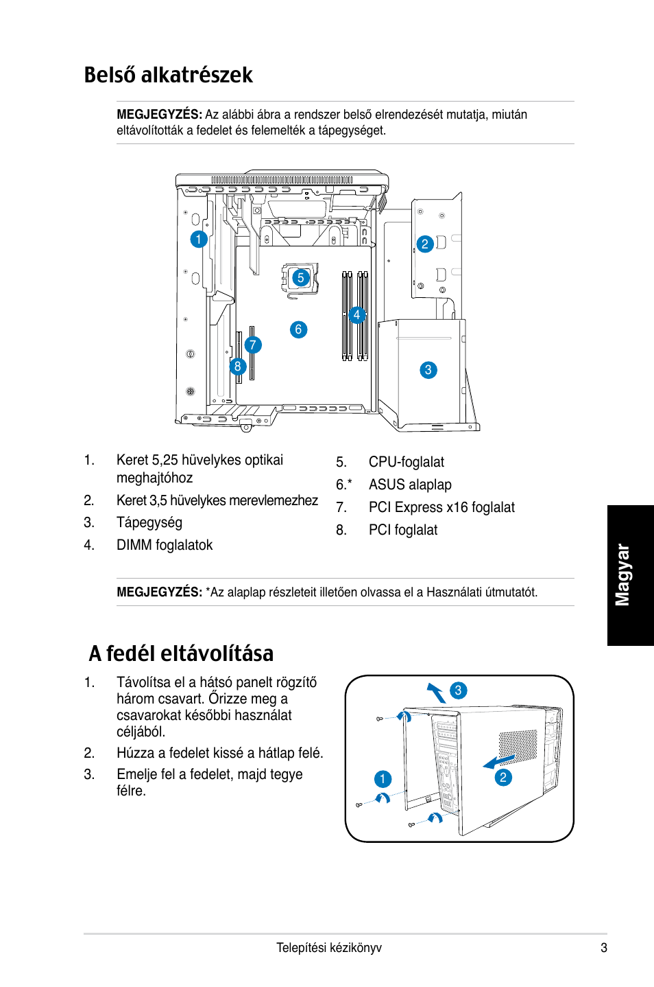 Belső alkatrészek, A fedél eltávolítása, Magyar | Asus T3-P5G965 User Manual | Page 75 / 80