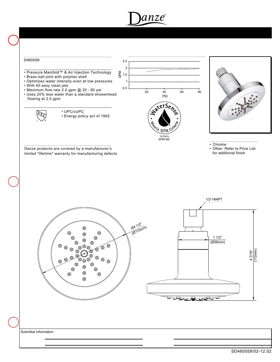 Danze D460058 - Spec Sheets User Manual | 1 page