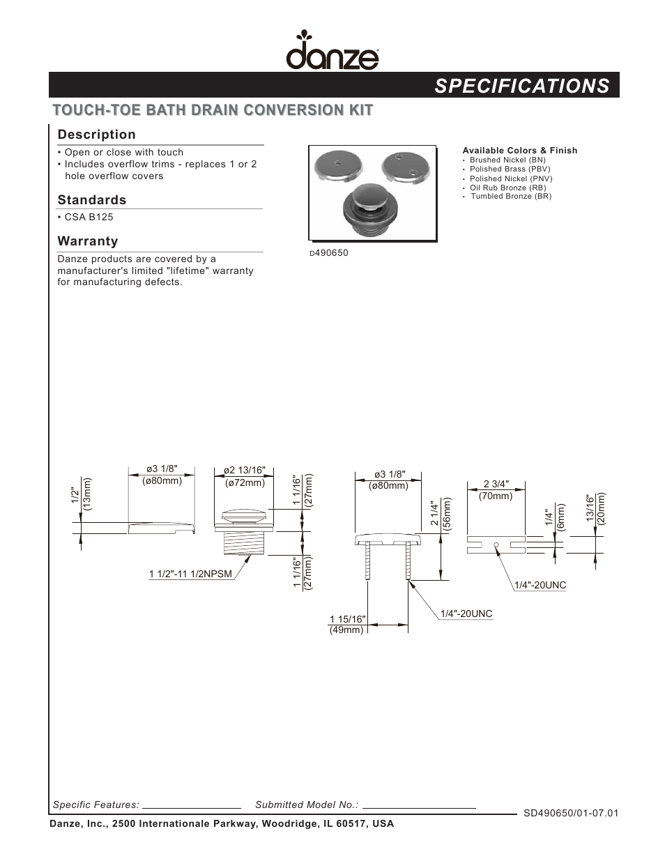 Danze D490650 User Manual | 1 page