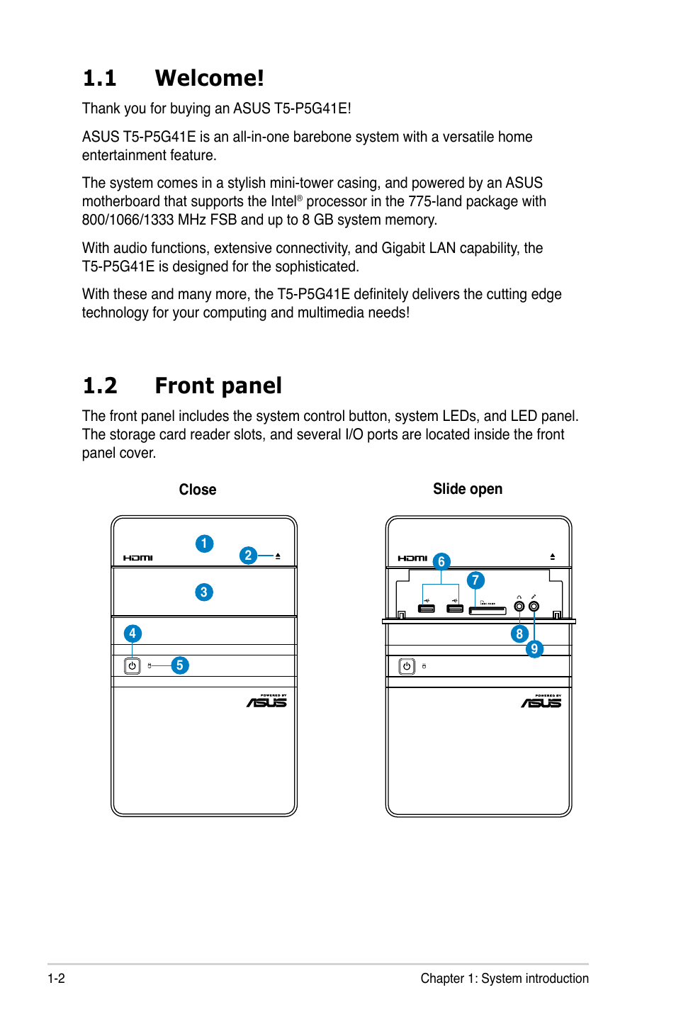 1 welcome, 2 front panel, Welcome! -2 | Front panel -2 | Asus T5-P5G41E User Manual | Page 10 / 76