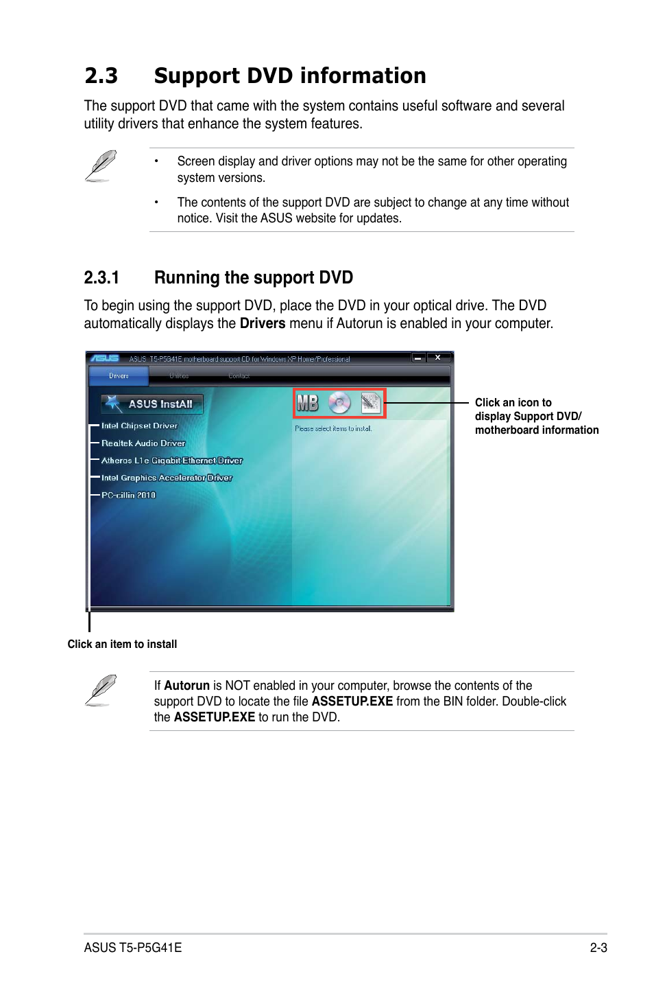 3 support dvd information, 1 running the support dvd, Support dvd information -3 2.3.1 | Running the support dvd -3 | Asus T5-P5G41E User Manual | Page 21 / 76