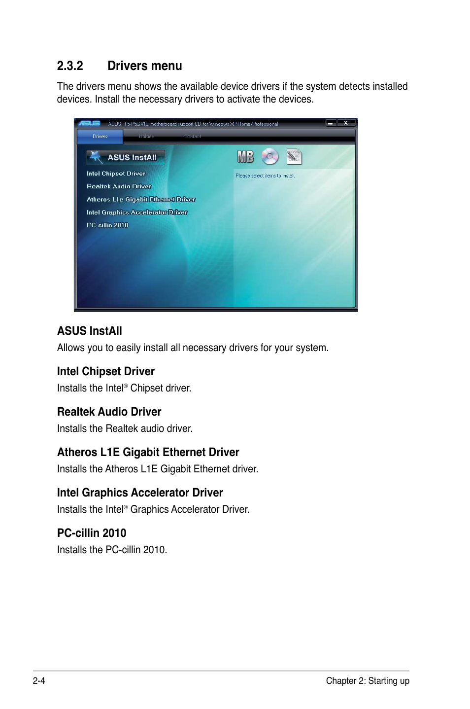 2 drivers menu, Drivers menu -4 | Asus T5-P5G41E User Manual | Page 22 / 76