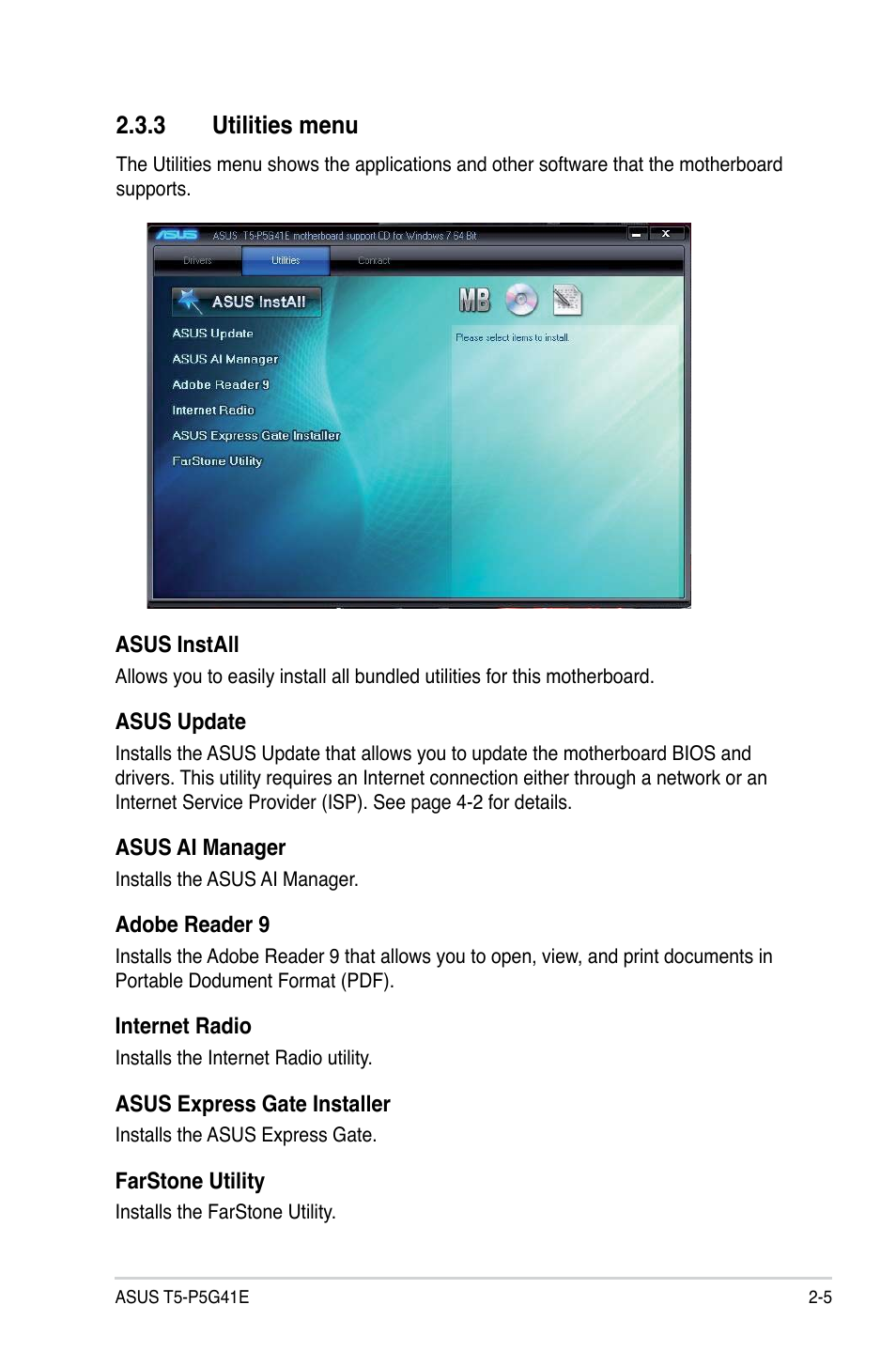3 utilities menu, Utilities menu -5 | Asus T5-P5G41E User Manual | Page 23 / 76