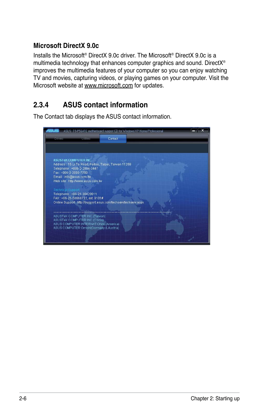 4 asus contact information, Asus contact information -6, Microsoft directx 9.0c | Asus T5-P5G41E User Manual | Page 24 / 76
