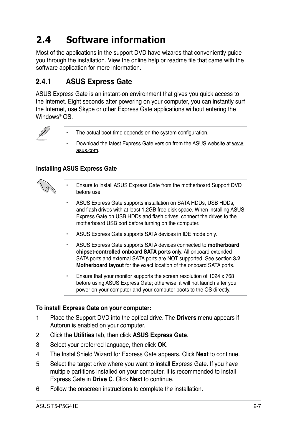 4 software information, 1 asus express gate, Software information -7 2.4.1 | Asus express gate -7 | Asus T5-P5G41E User Manual | Page 25 / 76