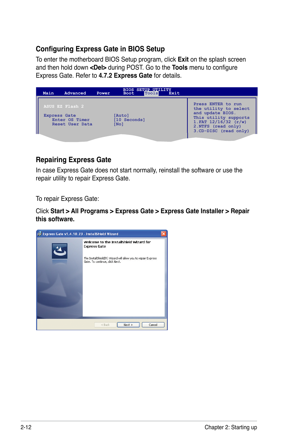 Configuring express gate in bios setup, Repairing express gate | Asus T5-P5G41E User Manual | Page 30 / 76