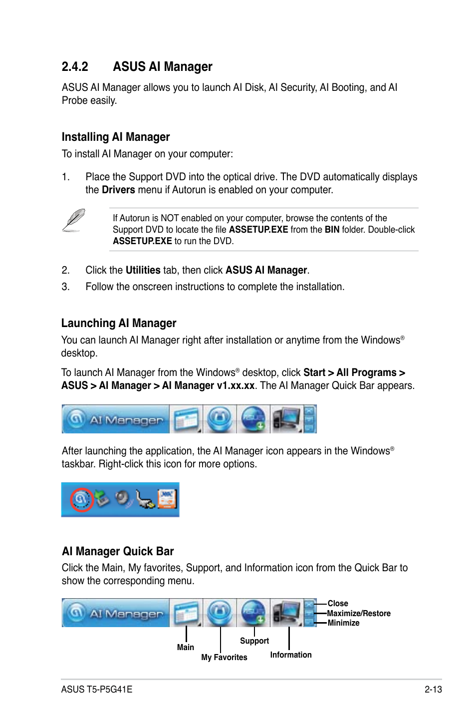 2 asus ai manager, Asus ai manager -13, Installing ai manager | Launching ai manager, Ai manager quick bar | Asus T5-P5G41E User Manual | Page 31 / 76