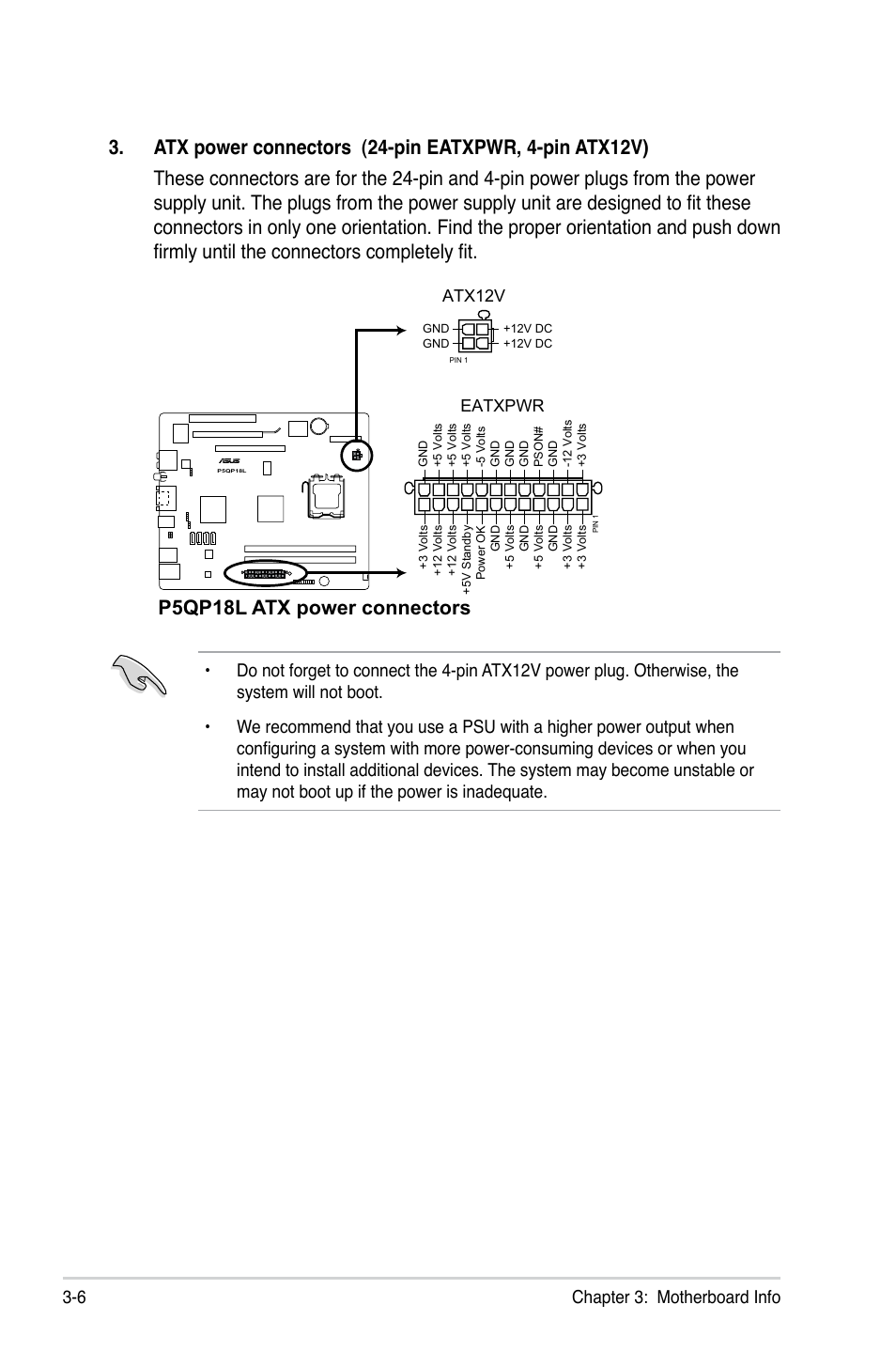P5qp18l atx power connectors, 6 chapter 3: motherboard info, Eatxpwr | Atx12v | Asus T5-P5G41E User Manual | Page 44 / 76