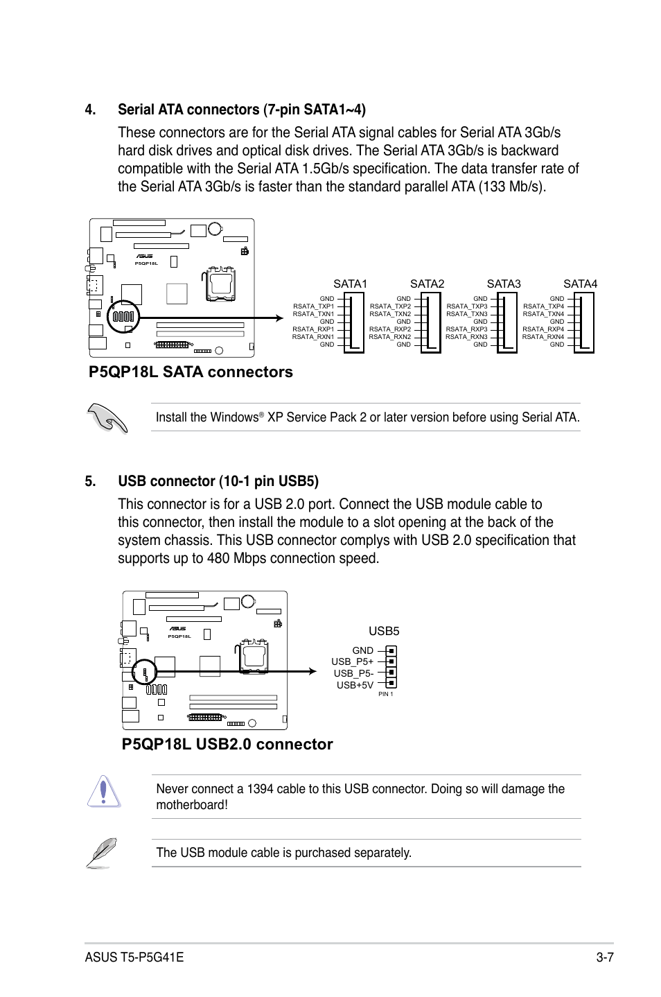 P5qp18l sata connectors, Install the windows, Usb5 | Asus T5-P5G41E User Manual | Page 45 / 76