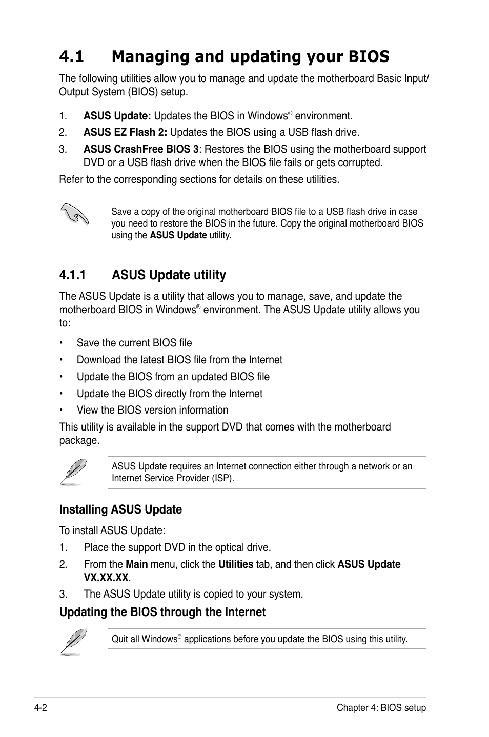 1 managing and updating your bios, 1 asus update utility, Managing and updating your bios -2 4.1.1 | Asus update utility -2 | Asus T5-P5G41E User Manual | Page 48 / 76
