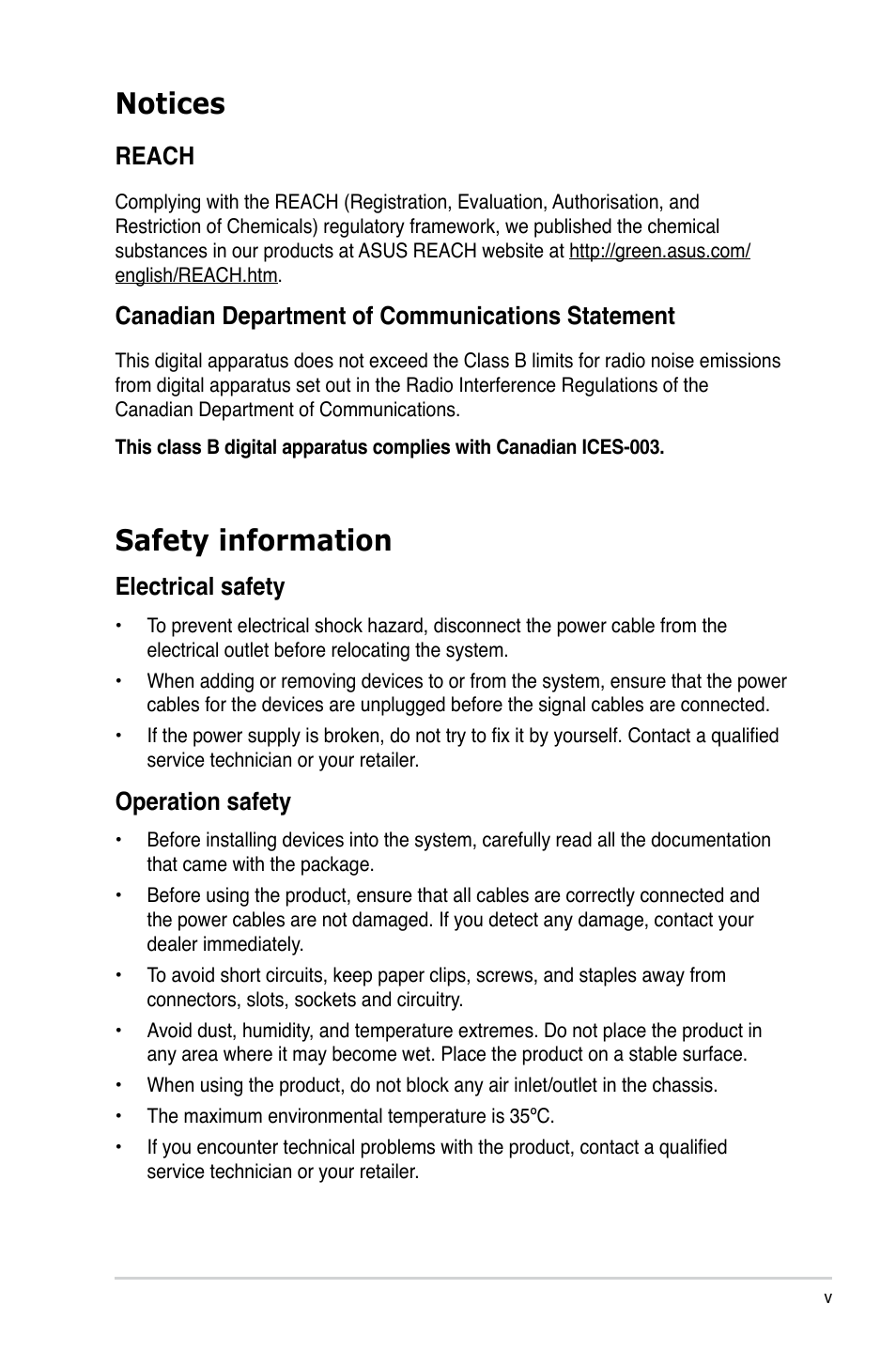 Notices, Safety information, Electrical safety | Operation safety, Reach, Canadian department of communications statement | Asus T5-P5G41E User Manual | Page 5 / 76