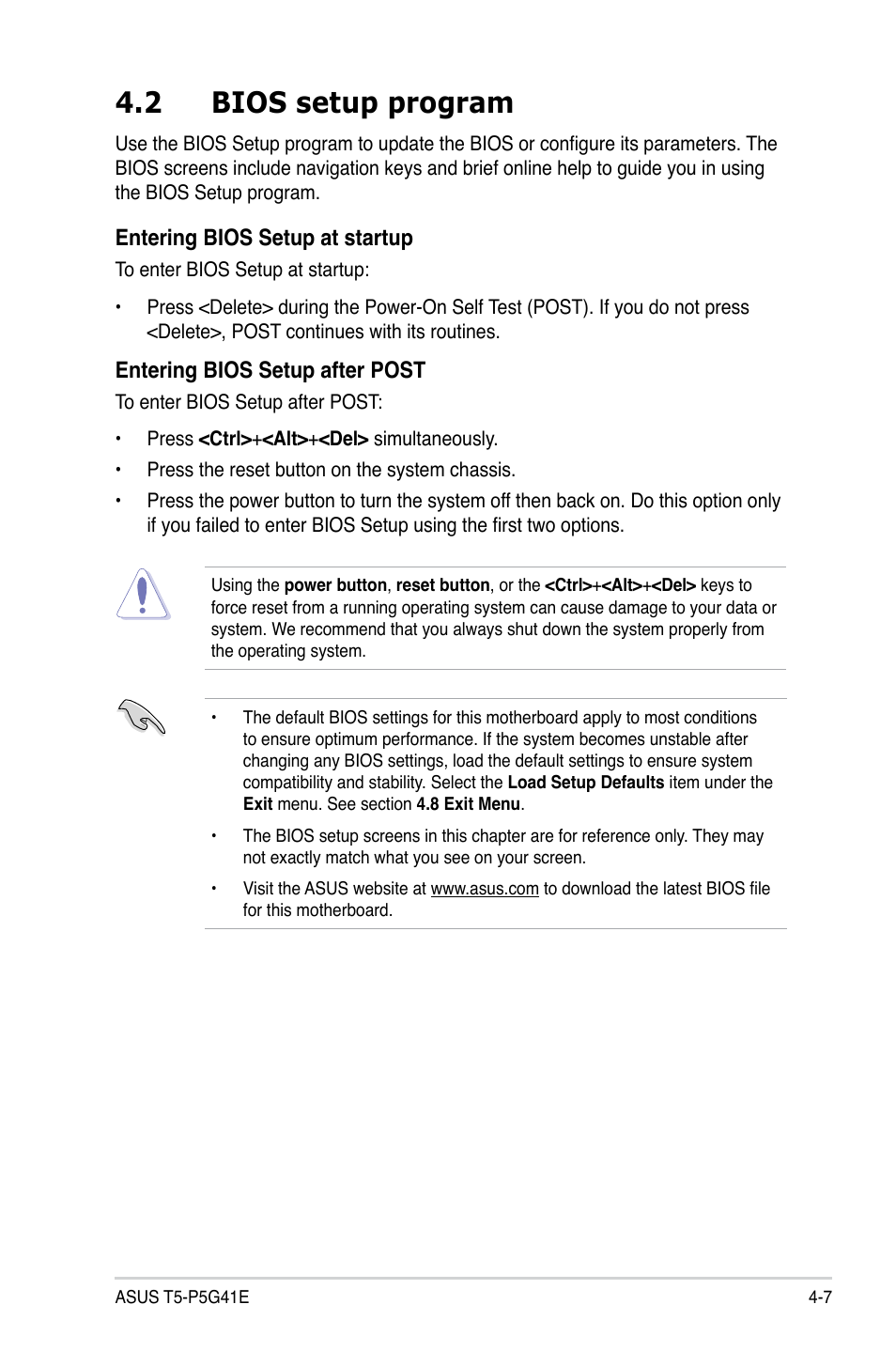 2 bios setup program, Bios setup program -7 | Asus T5-P5G41E User Manual | Page 53 / 76