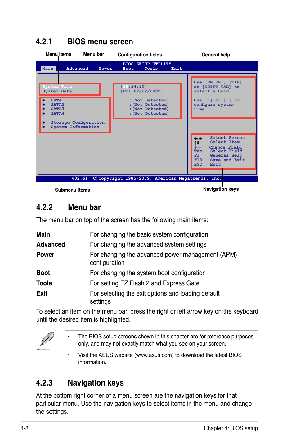 1 bios menu screen, 2 menu bar, 3 navigation keys | Bios menu screen -8, Menu bar -8, Navigation keys -8 | Asus T5-P5G41E User Manual | Page 54 / 76
