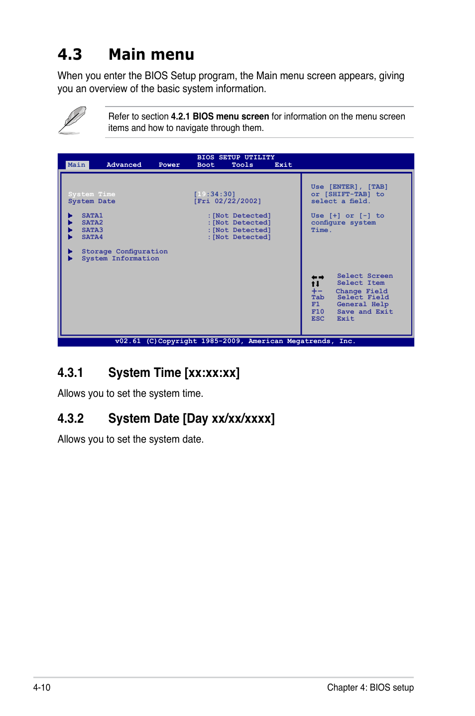3 main menu, 1 system time, 2 system date | Main menu -10 4.3.1, System time -10, System date -10, 1 system time [xx:xx:xx, Allows you to set the system time, Allows you to set the system date | Asus T5-P5G41E User Manual | Page 56 / 76