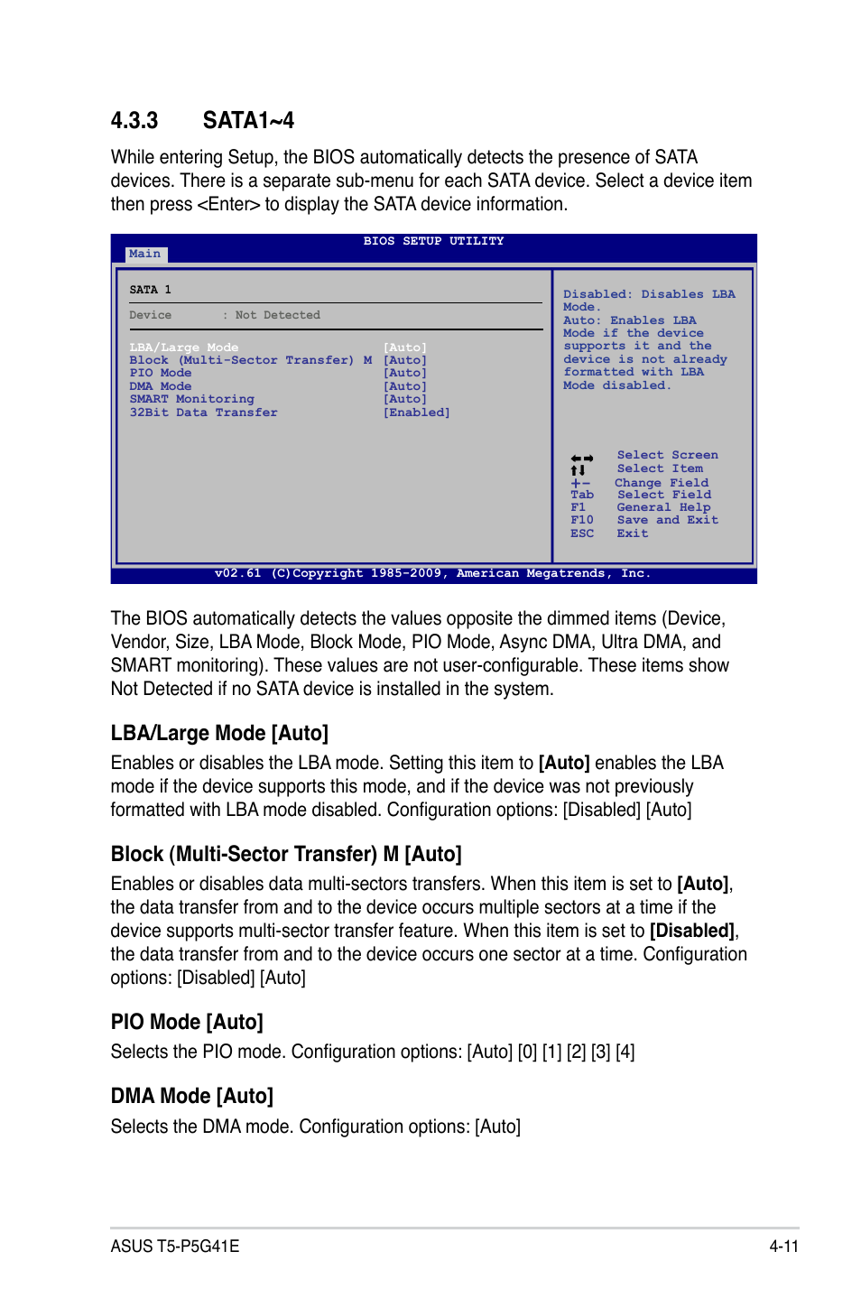 3 sata1~4, Sata1~4 -11, Lba/large mode [auto | Block (multi-sector transfer) m [auto, Pio mode [auto, Dma mode [auto, Selects the dma mode. configuration options: [auto | Asus T5-P5G41E User Manual | Page 57 / 76