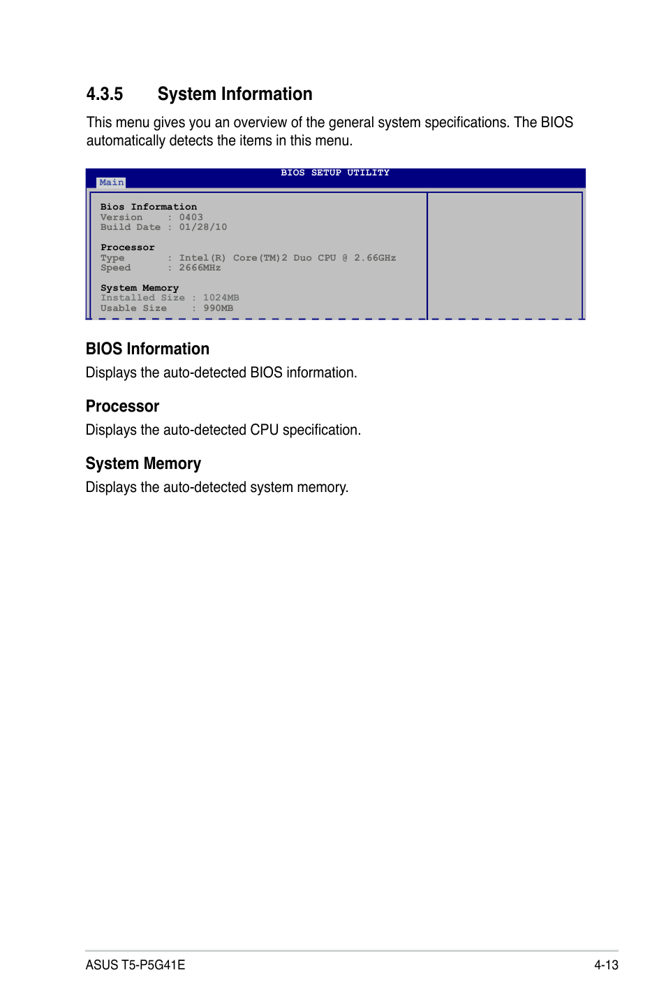 5 system information, System information -13, Bios information | Processor | Asus T5-P5G41E User Manual | Page 59 / 76