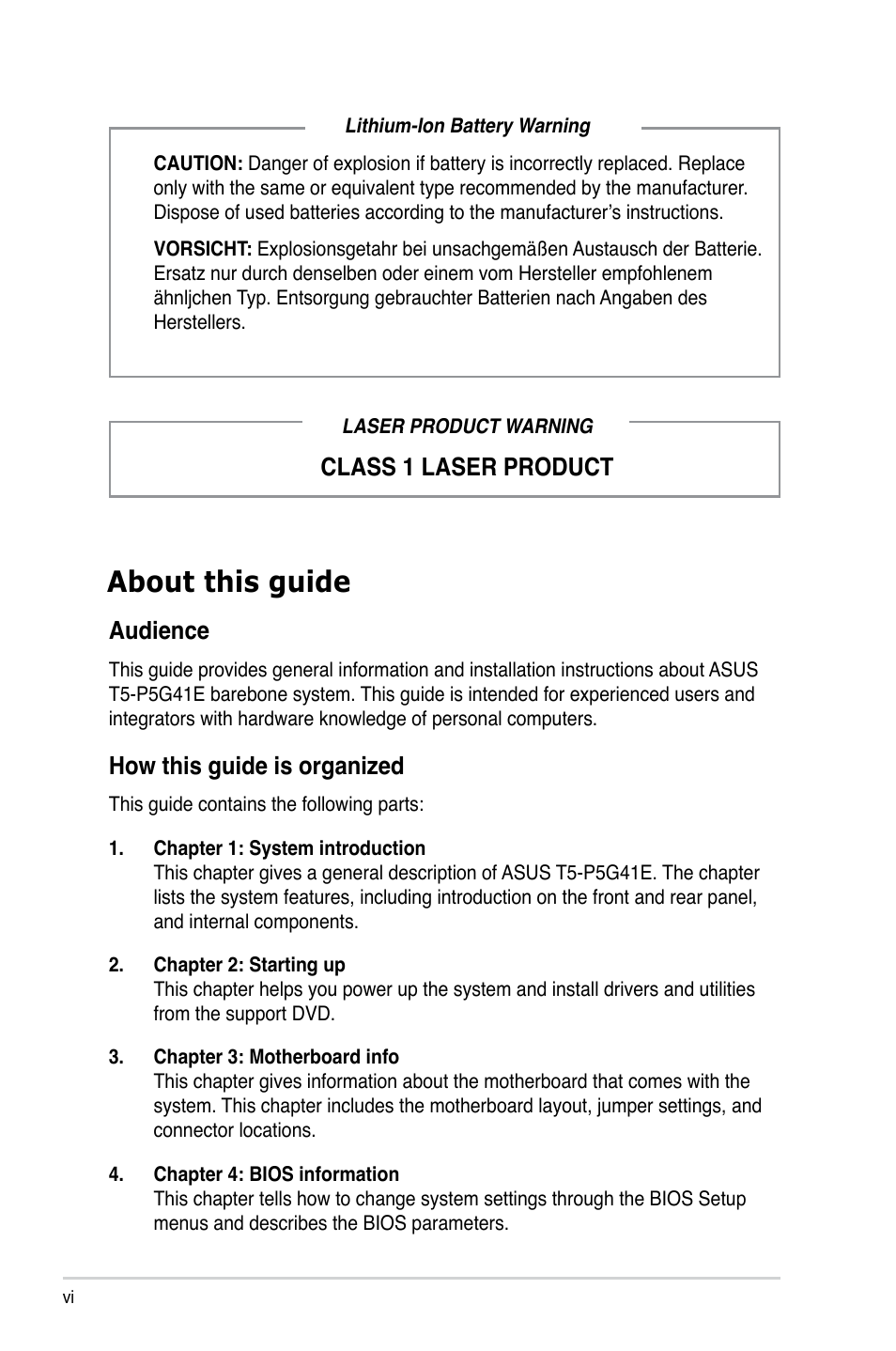 About this guide, Class 1 laser product, Audience | How this guide is organized | Asus T5-P5G41E User Manual | Page 6 / 76