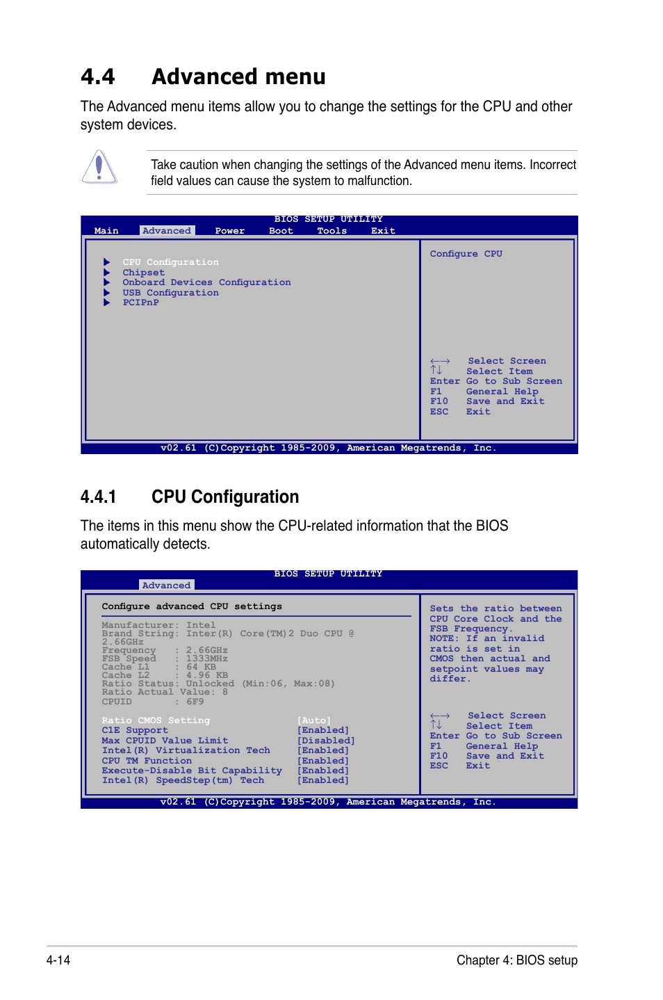4 advanced menu, 1 cpu configuration, Advanced menu -14 4.4.1 | Cpu configuration -14, 14 chapter 4: bios setup | Asus T5-P5G41E User Manual | Page 60 / 76