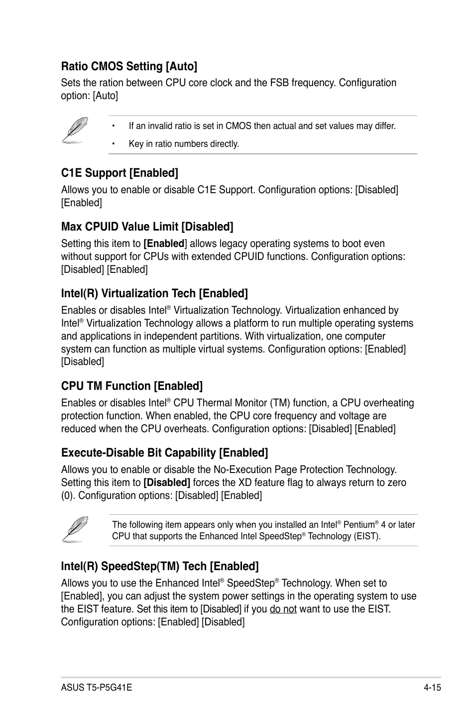 Ratio cmos setting [auto, C1e support [enabled, Max cpuid value limit [disabled | Intel(r) virtualization tech [enabled, Cpu tm function [enabled, Execute-disable bit capability [enabled, Intel(r) speedstep(tm) tech [enabled | Asus T5-P5G41E User Manual | Page 61 / 76