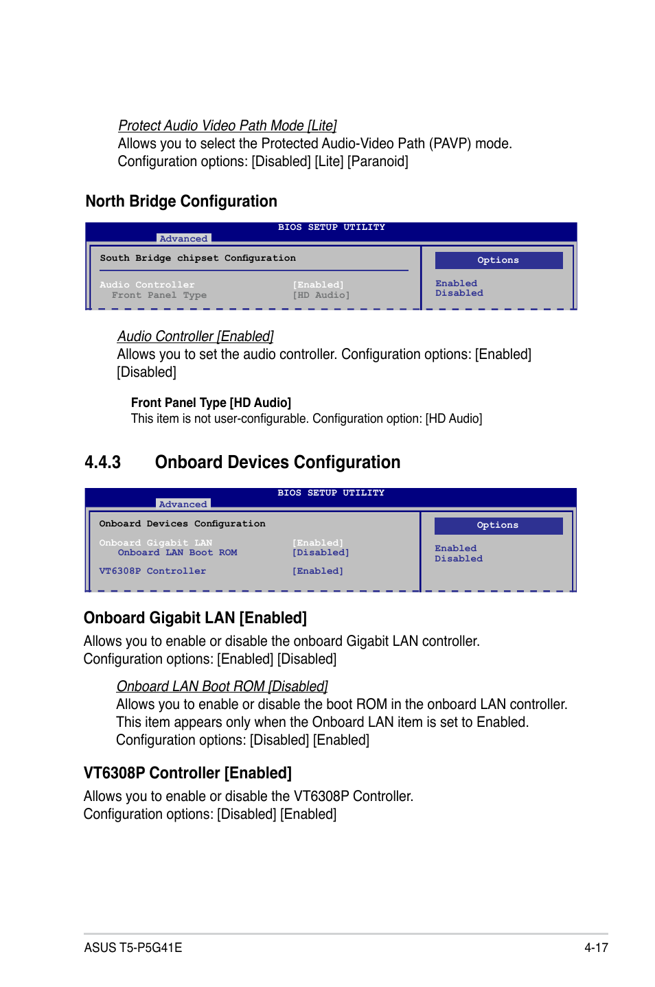 3 onboard devices configuration, Onboard devices configuration -17, Onboard gigabit lan [enabled | Vt6308p controller [enabled, North bridge configuration | Asus T5-P5G41E User Manual | Page 63 / 76