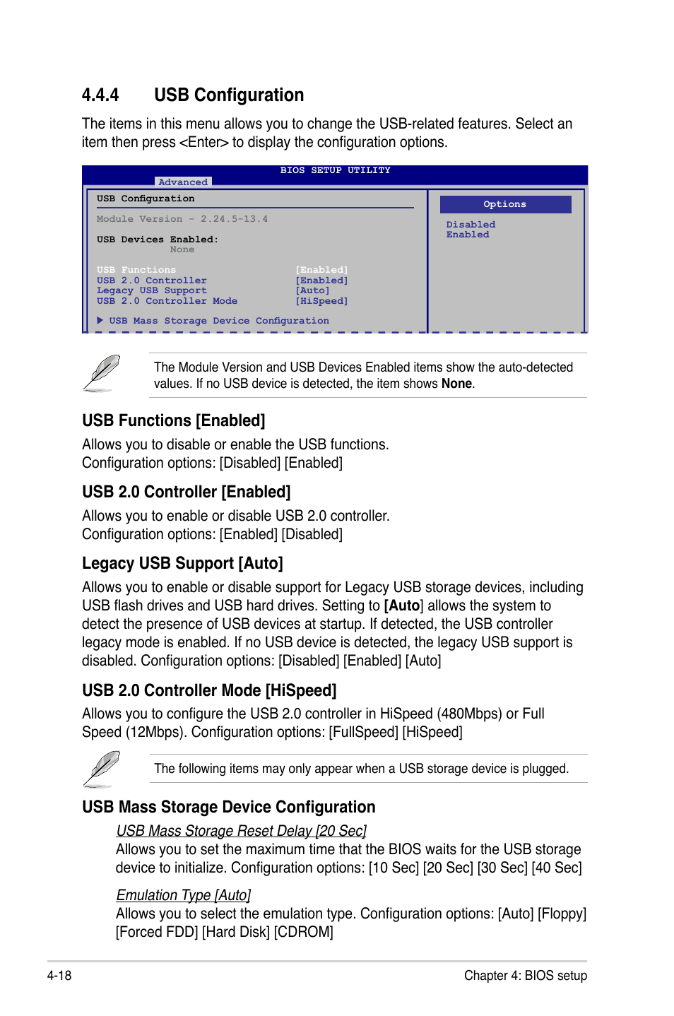 4 usb configuration, Usb configuration -18, Usb functions [enabled | Usb 2.0 controller [enabled, Legacy usb support [auto, Usb 2.0 controller mode [hispeed, Usb mass storage device configuration | Asus T5-P5G41E User Manual | Page 64 / 76