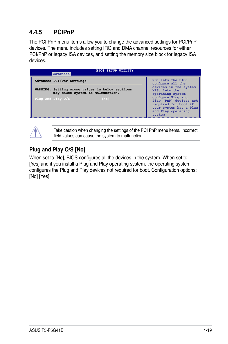 5 pcipnp, Pcipnp -19, Plug and play o/s [no | Asus T5-P5G41E User Manual | Page 65 / 76