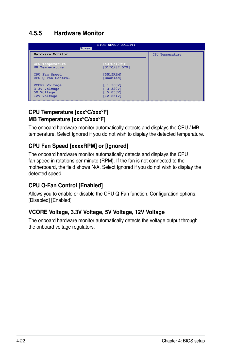 5 hardware monitor, Hardware monitor -22, Cpu q-fan control [enabled | Asus T5-P5G41E User Manual | Page 68 / 76