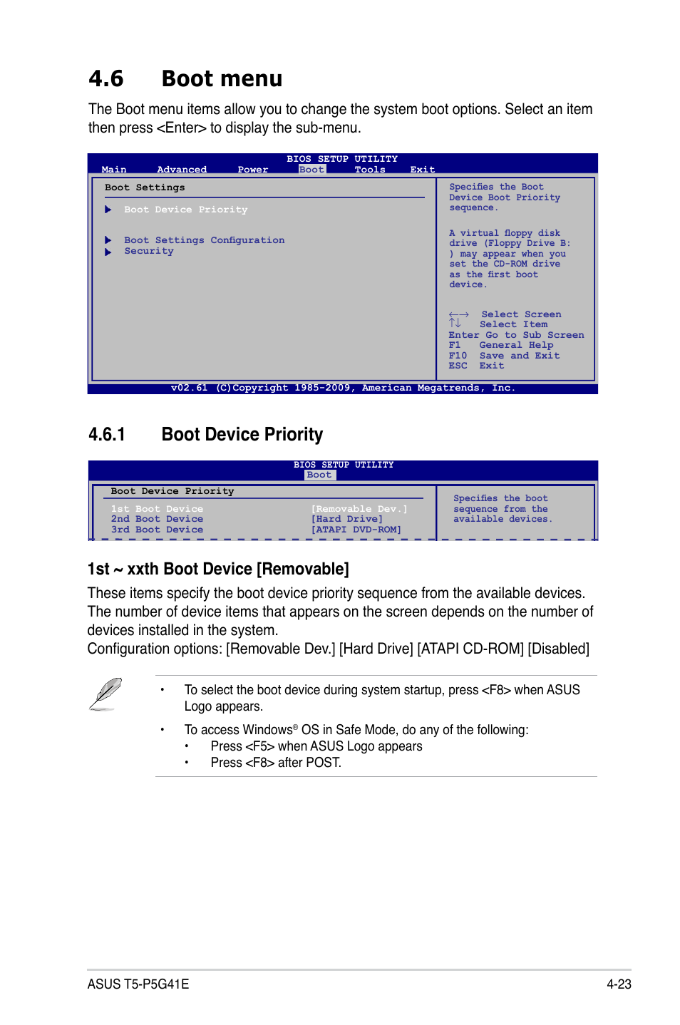 6 boot menu, 1 boot device priority, Boot menu -23 4.6.1 | Boot device priority -23, 1st ~ xxth boot device [removable | Asus T5-P5G41E User Manual | Page 69 / 76