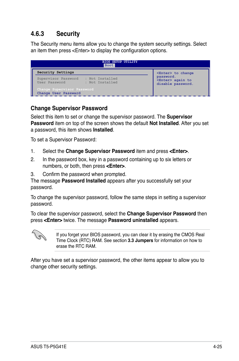 3 security, Security -25, Change supervisor password | Asus T5-P5G41E User Manual | Page 71 / 76
