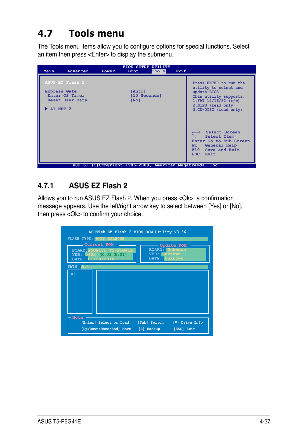 7 tools menu, 1 asus ez flash 2, Tools menu -27 4.7.1 | Asus ez flash 2 -27 | Asus T5-P5G41E User Manual | Page 73 / 76