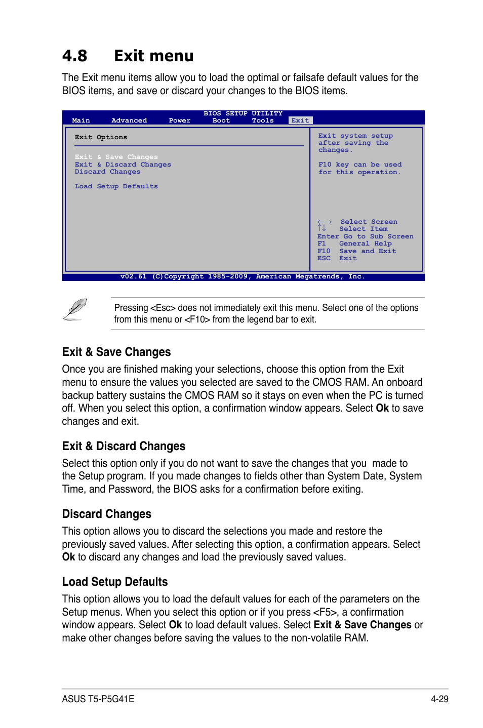 8 exit menu, Exit menu -29, Exit & save changes | Exit & discard changes, Discard changes, Load setup defaults | Asus T5-P5G41E User Manual | Page 75 / 76