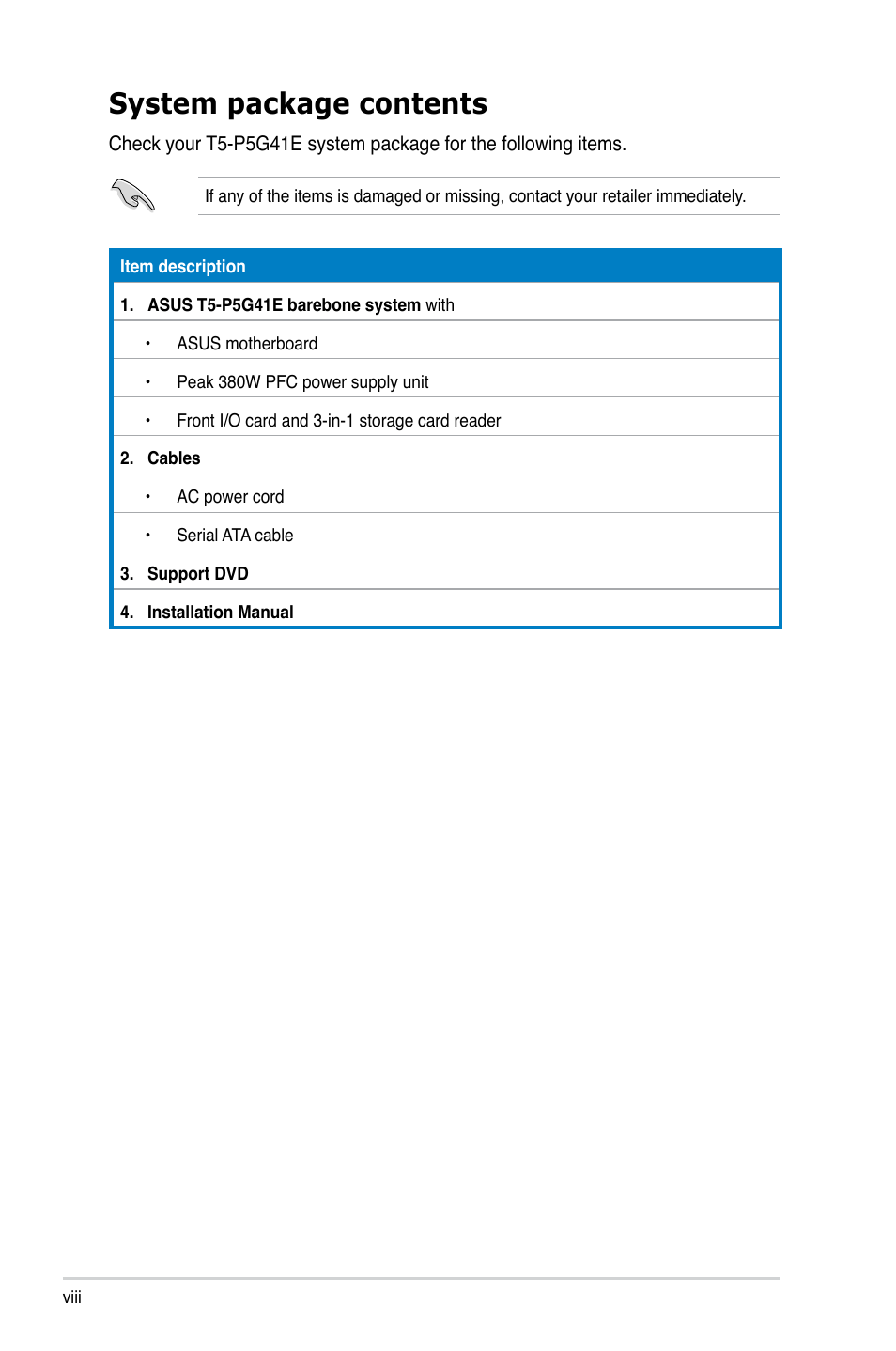 System package contents | Asus T5-P5G41E User Manual | Page 8 / 76